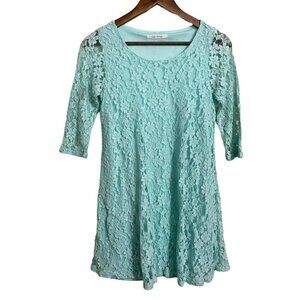 Color Me Red Womens Mint Green Lace Overlay 3/4 Sleeve Shift Dress Small